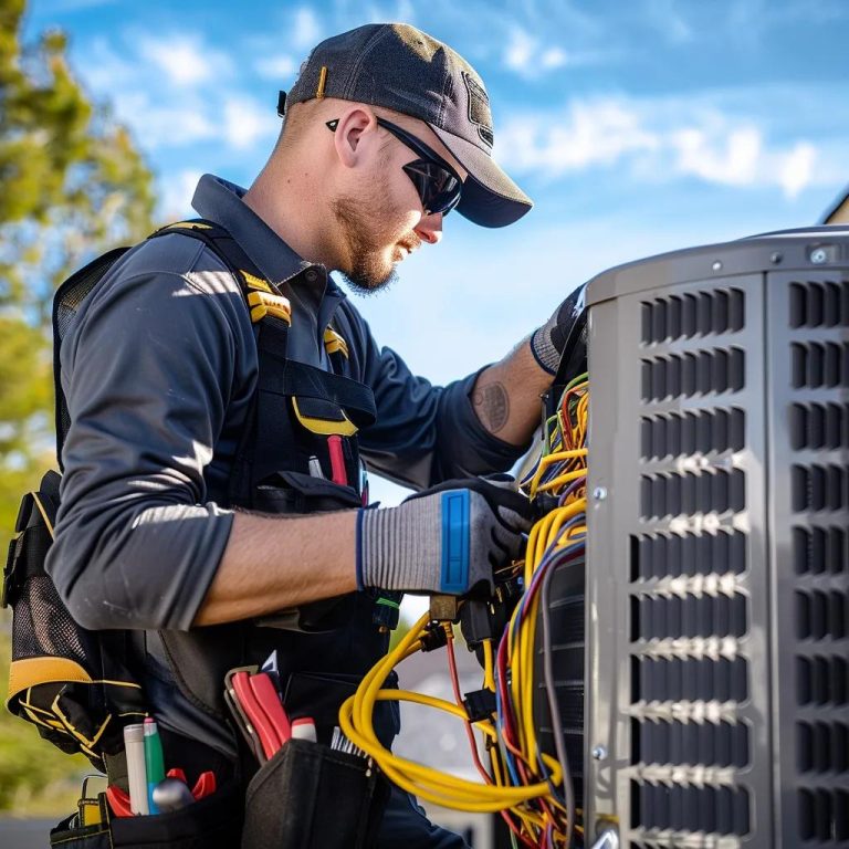 Technician performing air conditioning maintenance in residential setting for Niceville FL homeowner