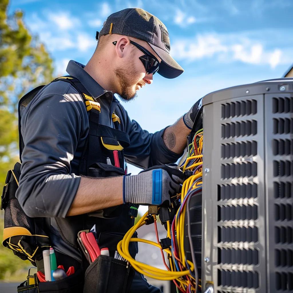 Technician performing air conditioning maintenance in a residential setting