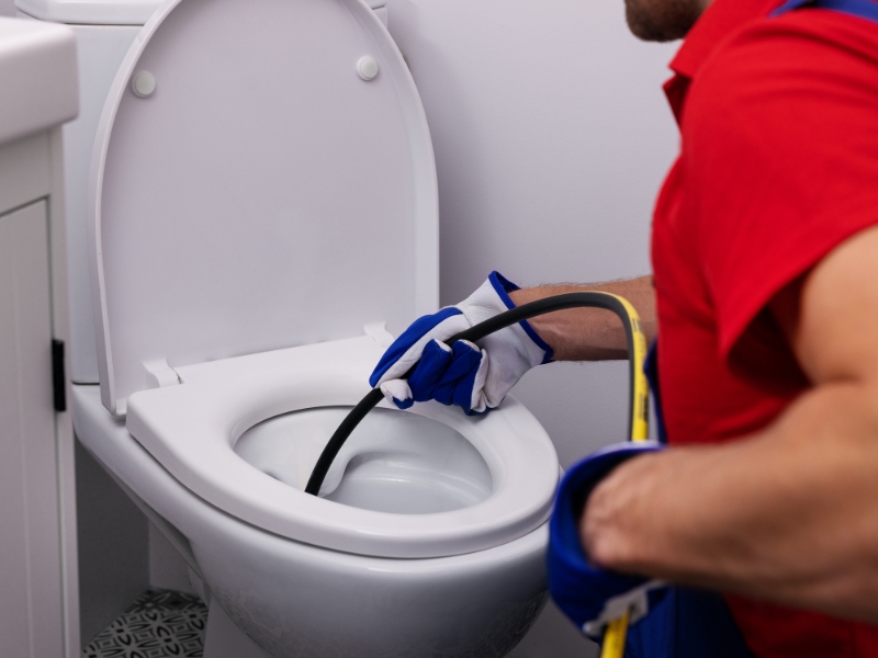 Gulfshore Air plumber repairing clogged toilet in Niceville FL bathroom
