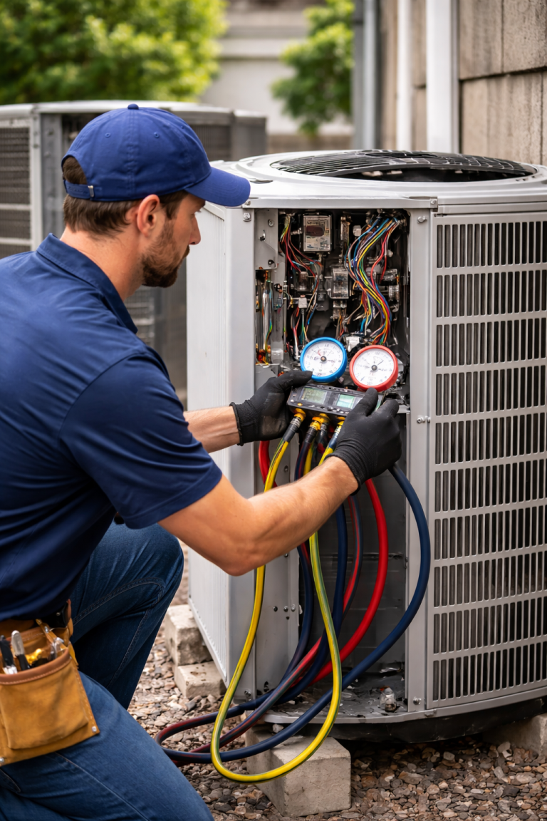 Professional HVAC technician performing outdoor air conditioner maintenance using gauges to check refrigerant and system performance in Niceville FL.