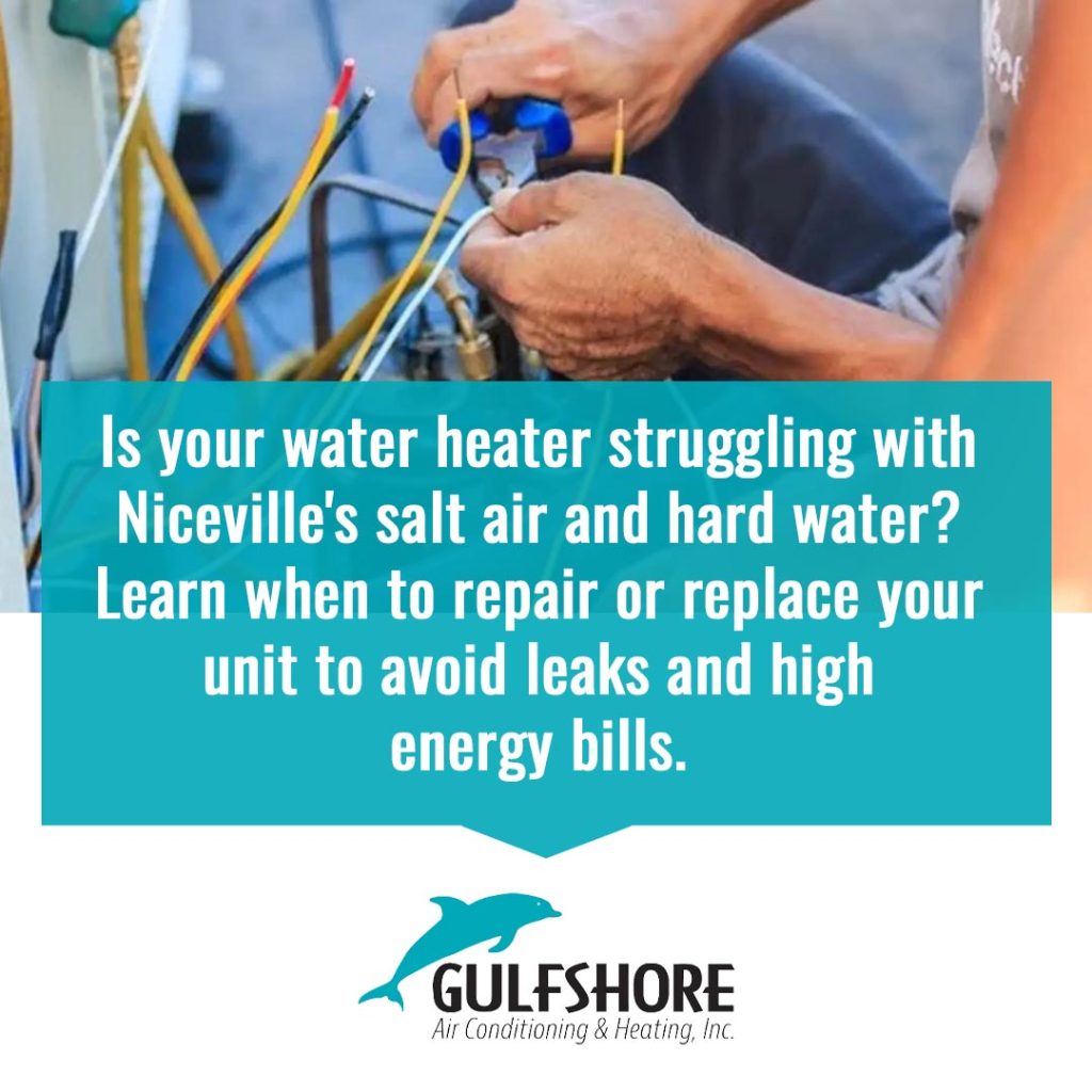 HVAC technician repairing electrical wiring inside an air conditioning unit, highlighting water heater and HVAC repair considerations in Niceville.