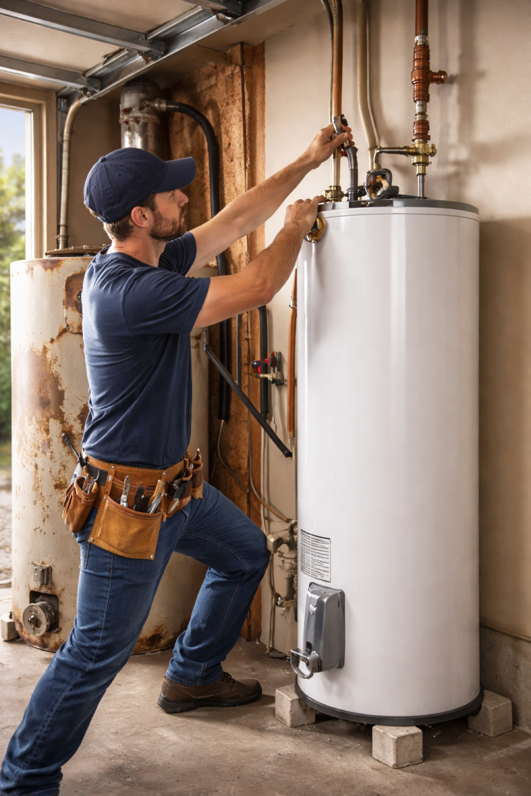 Professional plumber installing a new residential tank water heater in a garage, replacing an old corroded unit in Niceville FL.