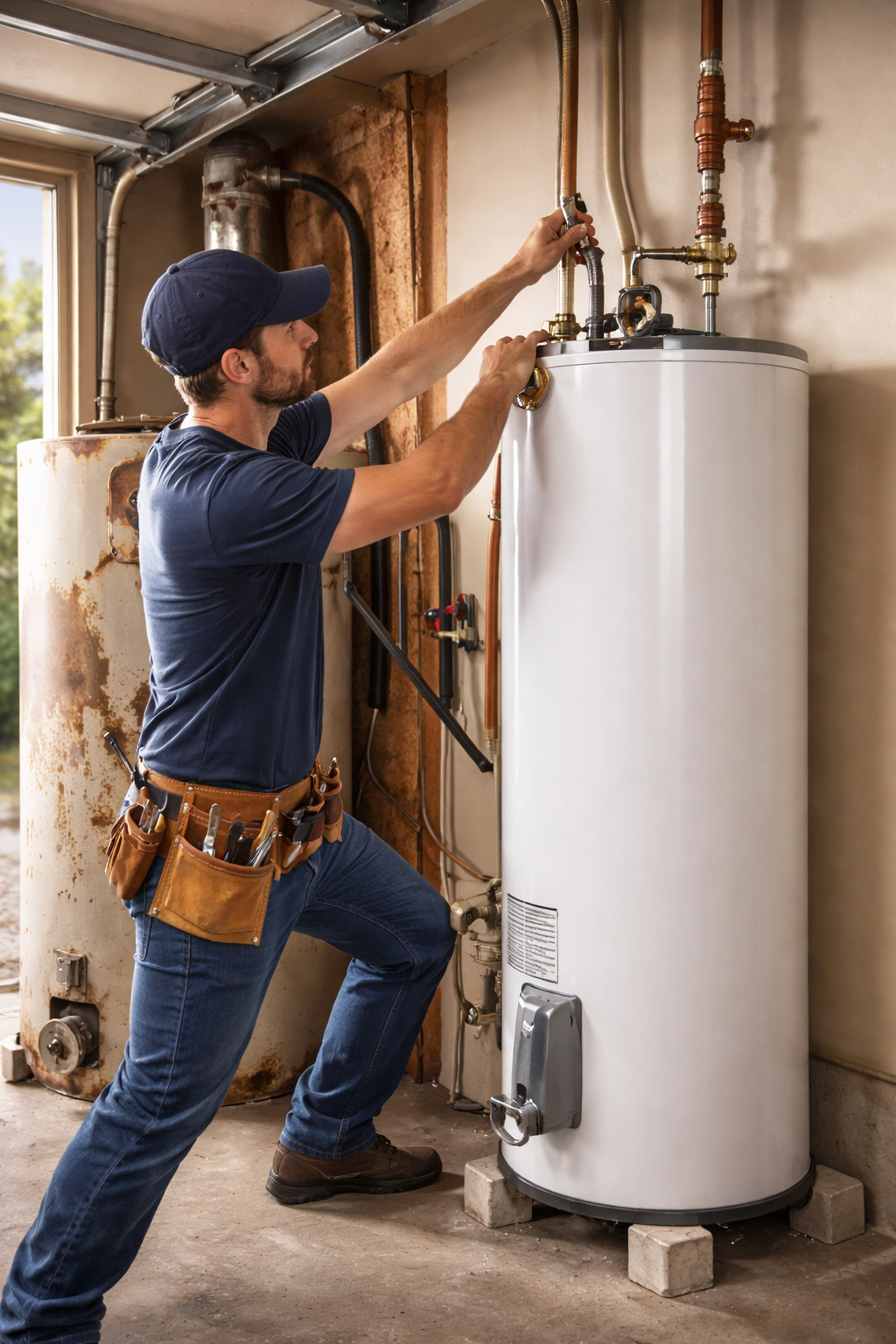 Professional plumber installing a new residential tank water heater in a garage, replacing an old corroded unit in Niceville FL.