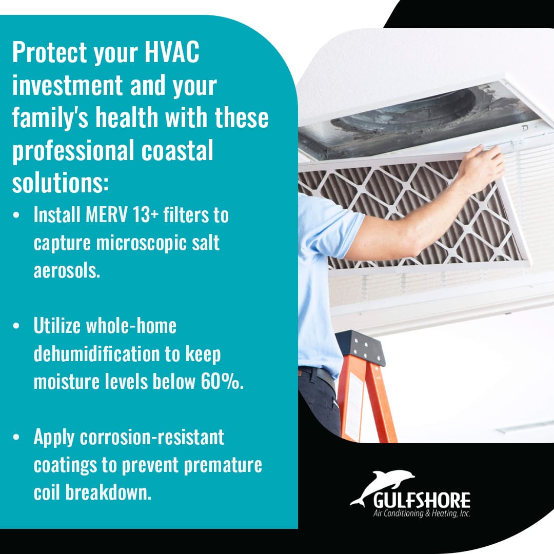 Technician installing HVAC air filter to improve indoor air quality and protect system from coastal humidity and salt air