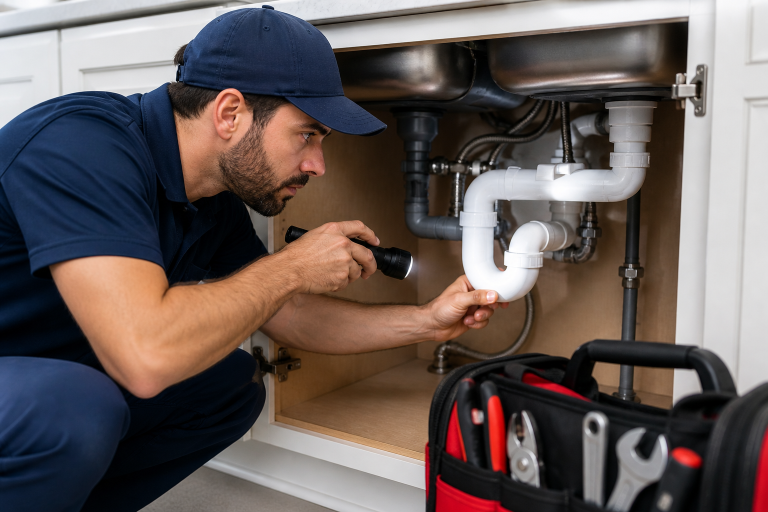 Professional plumber inspecting under-sink pipes with flashlight during home plumbing repair in Niceville