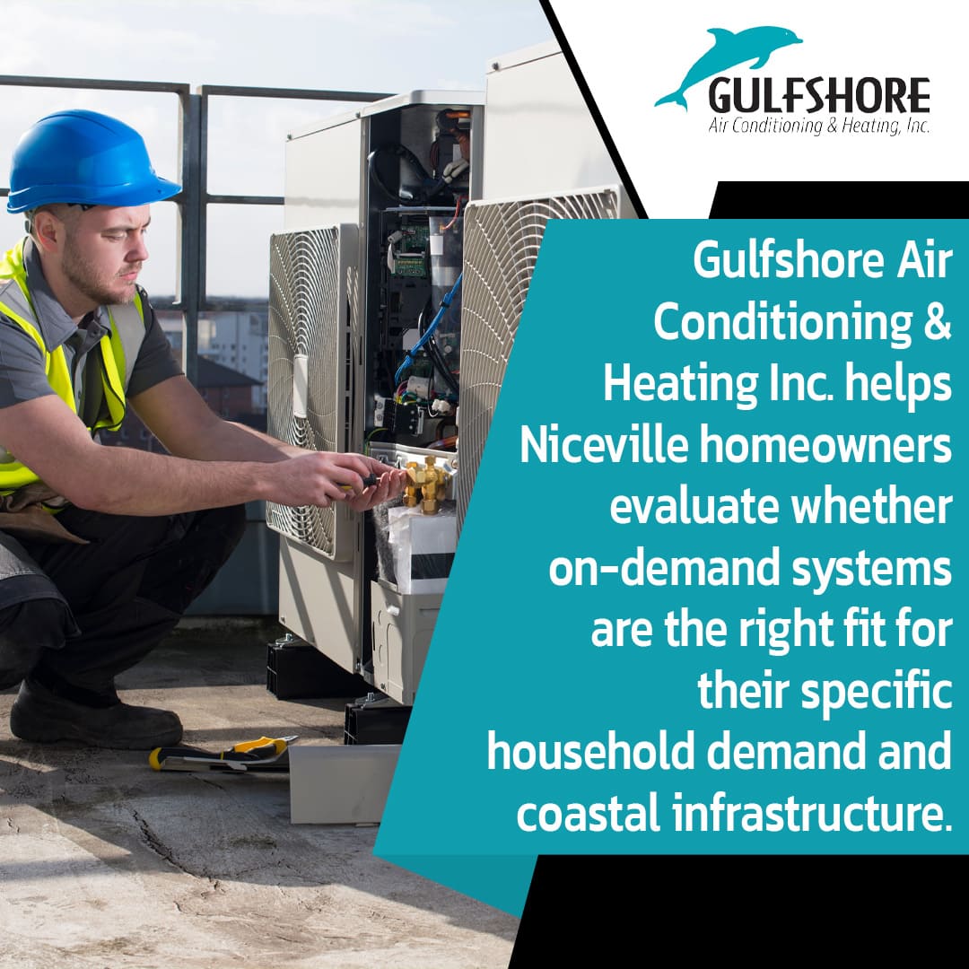 An HVAC technician wearing a blue hard hat and yellow safety vest working on a rooftop commercial AC unit. The graphic notes that Gulfshore Air helps Niceville homeowners evaluate if on-demand systems fit their household demand.