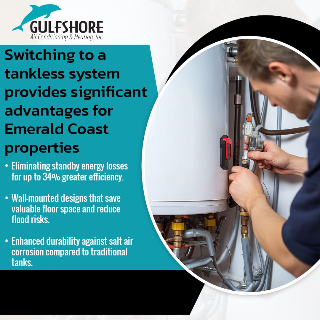 A plumber installing a modern tankless water heater system. The text highlights the advantages for Emerald Coast properties, including 34% greater efficiency, wall-mounted space savings, and salt air corrosion resistance.