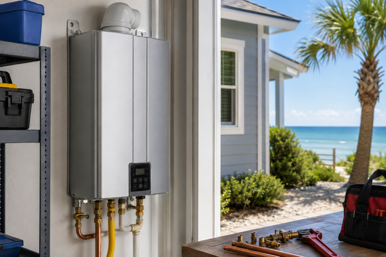A modern wall-mounted tankless water heater professionally installed in a home utility room, showcasing its compact, space-saving design.